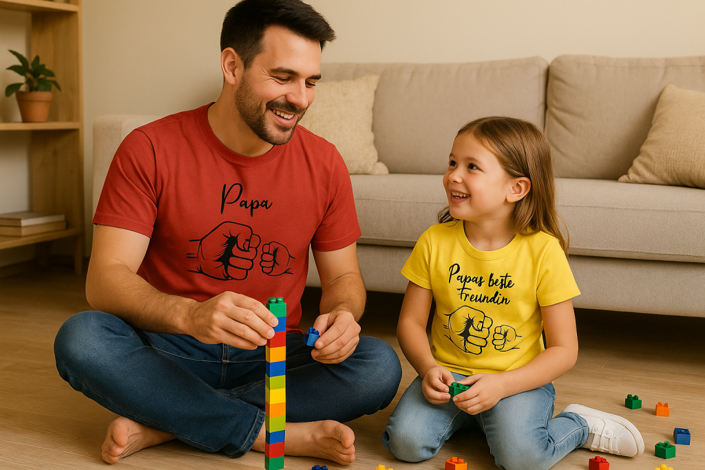Foto von Papa und Tochter die zusammen spielen und Partnershirts tragen